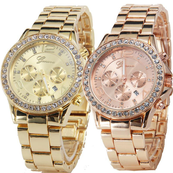 2016 New Style Business Gold Color Three Eyes Six Pin Diamond Steel Band Geneva Quartz Relogios Watch